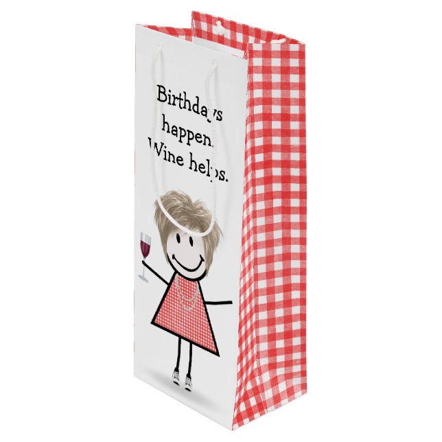 Birthday Stick Figure Girl with Red Wine   Wine Gift Bag (Front Angled)