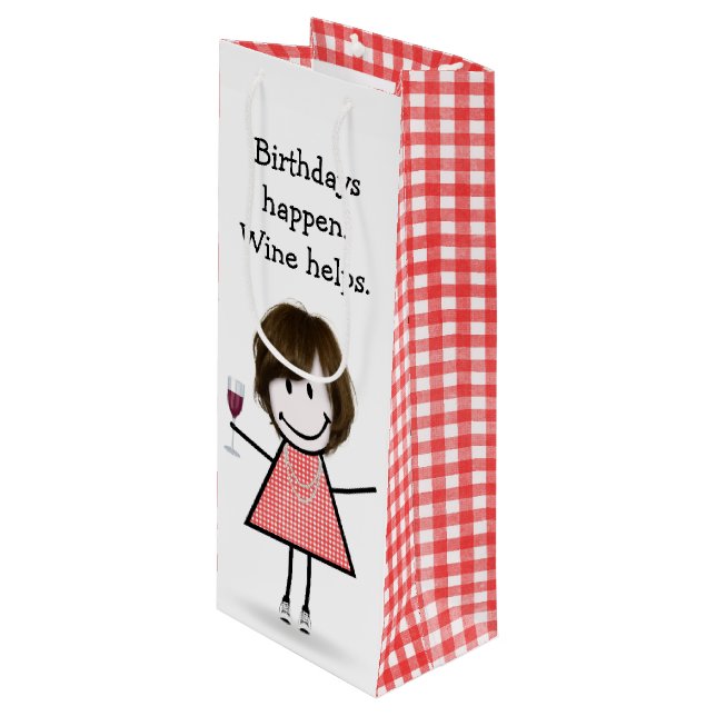 Birthday Stick Figure Girl with Red Wine   Wine Gift Bag (Front Angled)