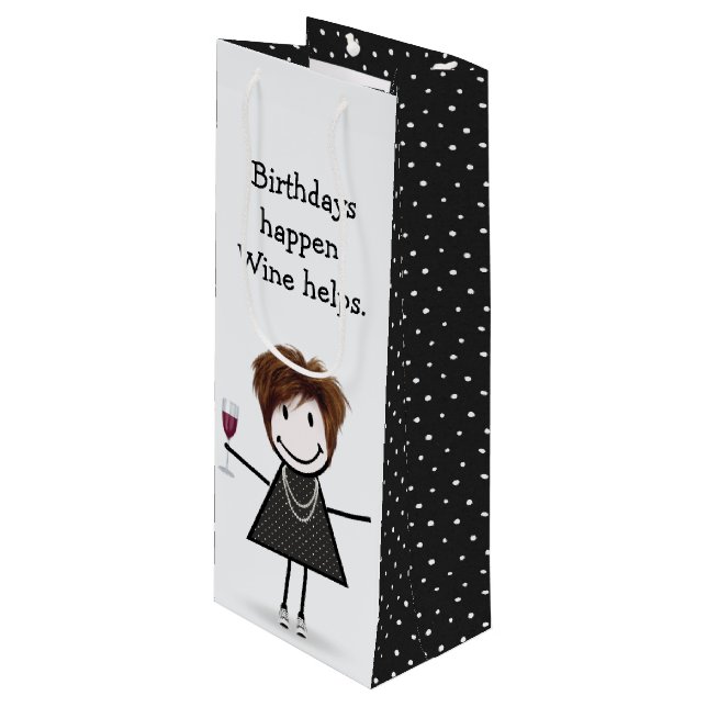 Birthday Stick Figure Girl with Red Wine  Wine Gift Bag (Front Angled)