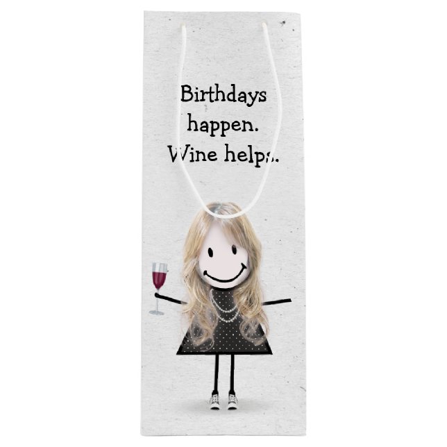 Birthday Stick Figure Girl with Red Wine Wine Gift Bag (Front)