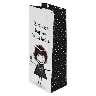 Birthday Stick Figure Girl with Red Wine Wine Gift Bag