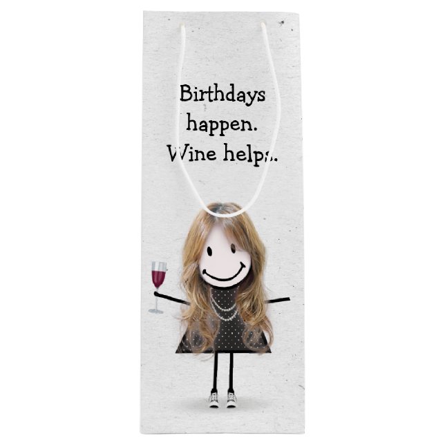 Birthday Stick Figure Girl with Red Wine Wine Gift Bag (Front)