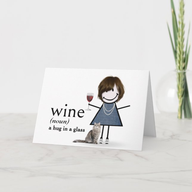 Birthday Stick Figure Girl With Wine And Cat Card (Front)