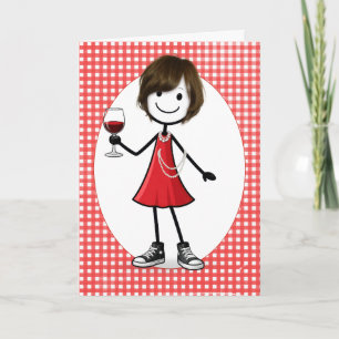 Birthday Stick Figure Girl with Wine Glass Card