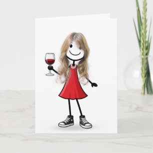 Birthday Stick Figure Girl with Wine Glass Card