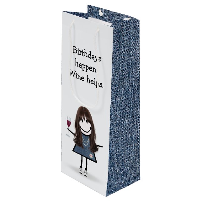 Birthday Stick Figure Girl with Wine Glass Gift Bag (Front Angled)
