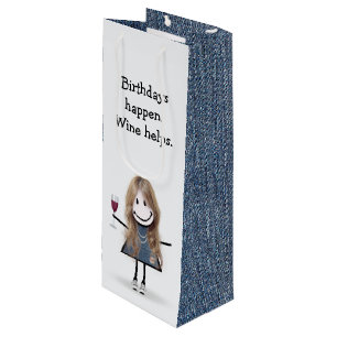 Birthday Stick Figure Girl with Wine Glass Gift Bag