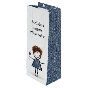 Birthday Stick Figure Girl with Wine Glass  Wine Gift Bag