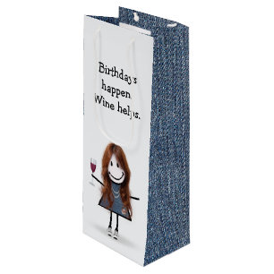 Birthday Stick Figure Girl with Wine Glass Wine Gift Bag