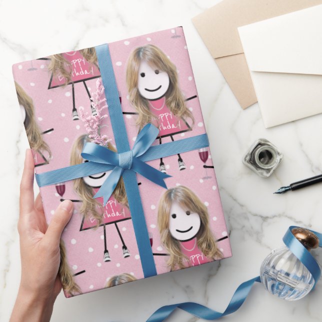 Birthday Stick Figure Girl With Wine  Wrapping Paper (Gifting)