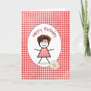 Birthday Stick Girl on Gingham Card