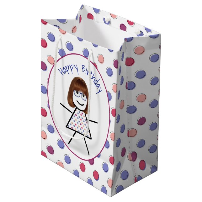 Birthday Stick Girl on Polka Dots Medium Gift Bag (Front Angled)