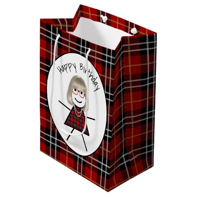 Birthday Stick Girl on Tartan Plaid  Medium Gift Bag (Front Angled)