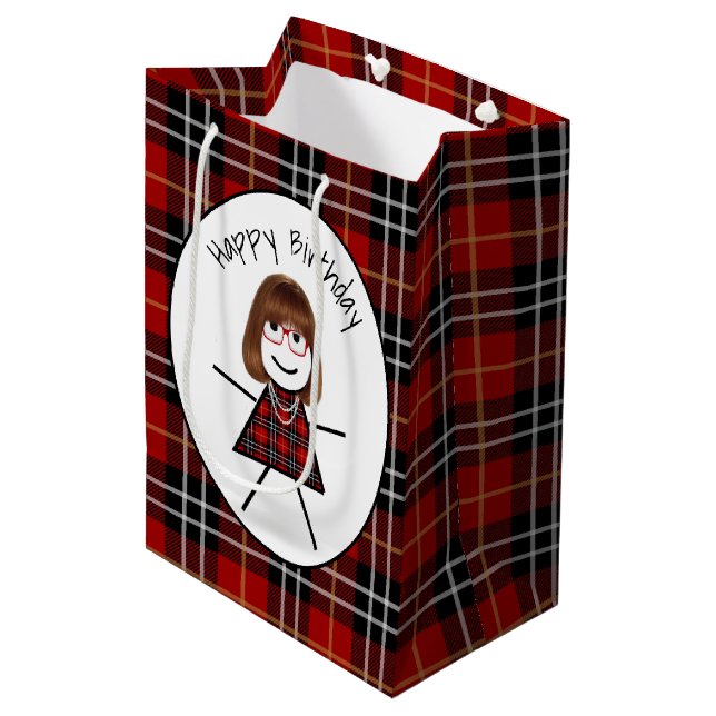 Birthday Stick Girl on Tartan Plaid Medium Gift Bag (Front Angled)