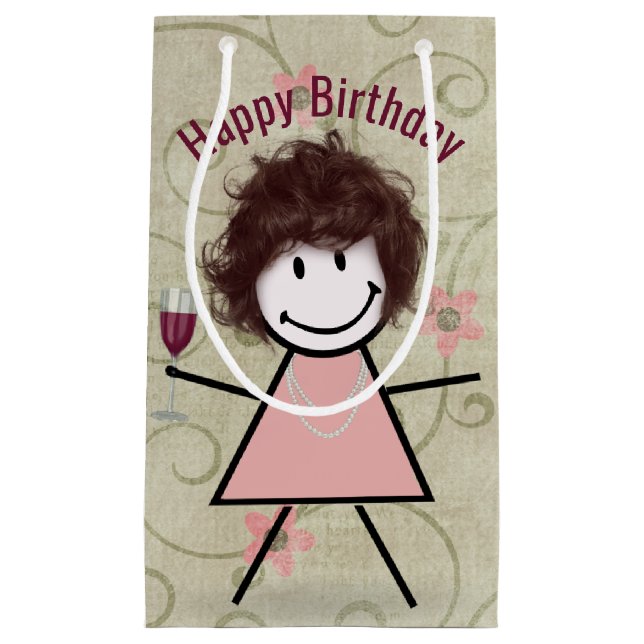 Birthday Stick Girl On With Red Wine  Small Gift Bag (Front)