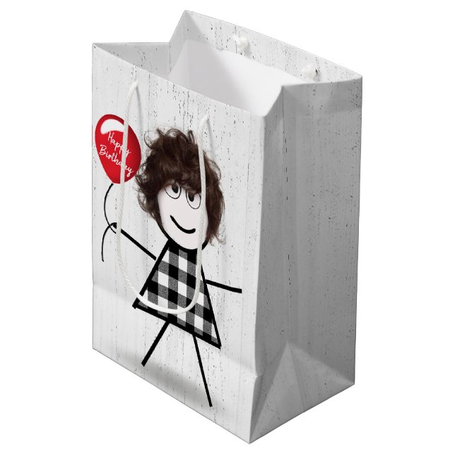 Birthday Stick Girl with Balloon on Wood   Medium Gift Bag (Front Angled)
