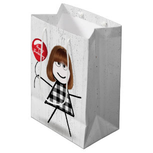 Birthday Stick Girl with Balloon on Wood  Medium Gift Bag