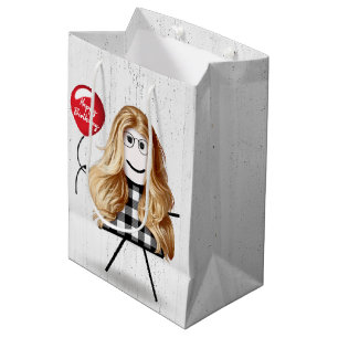 Birthday Stick Girl with Balloon on Wood Medium Gift Bag