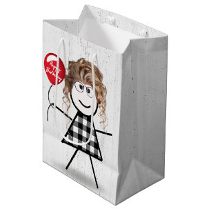 Birthday Stick Girl with Balloon on Wood   Medium Gift Bag