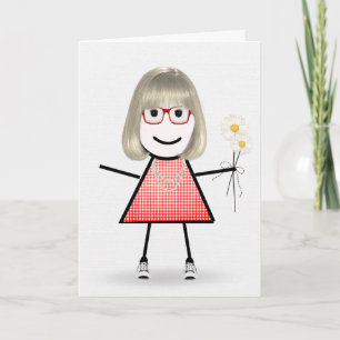Birthday Stick Girl With Daisies   Card