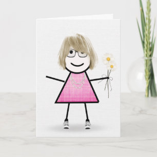 Birthday Stick Girl With Daisies   Card