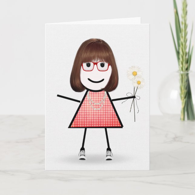 Birthday Stick Girl With Daisies  Card (Front)