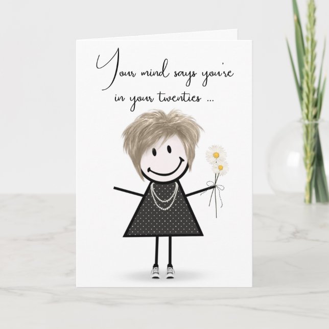 Birthday Stick Girl with Daisy Bouquet Card (Front)