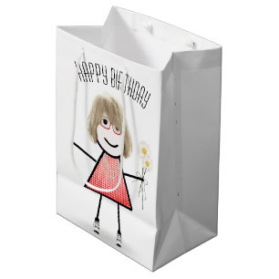 Birthday Stick Girl with Daisy Bouquet Medium Gift Bag
