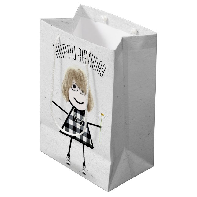 Birthday Stick Girl with Daisy   Medium Gift Bag (Front Angled)