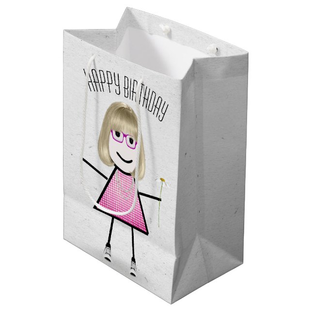 Birthday Stick Girl with Daisy     Medium Gift Bag (Front Angled)