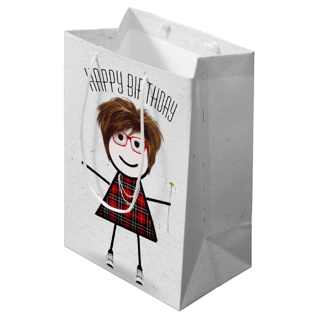 Birthday Stick Girl with Daisy  Medium Gift Bag (Front Angled)