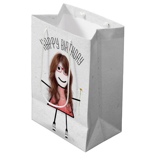Birthday Stick Girl with Daisy  Medium Gift Bag (Front Angled)