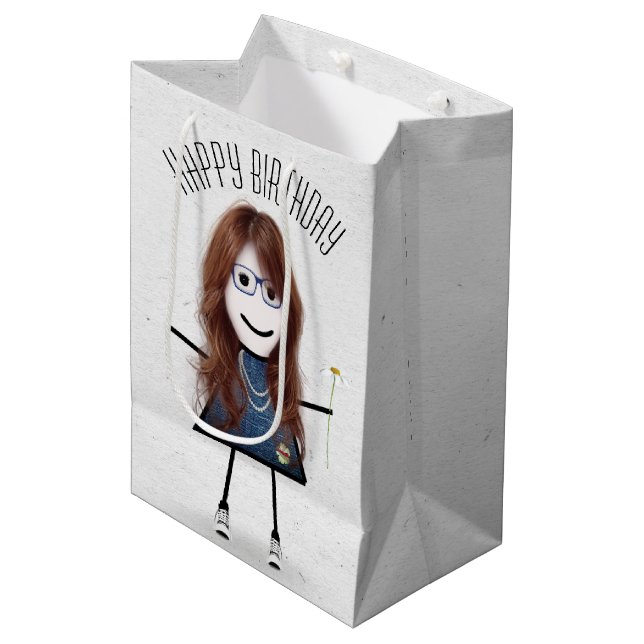 Birthday Stick Girl with Daisy   Medium Gift Bag (Front Angled)