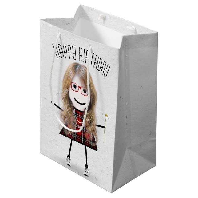 Birthday Stick Girl with Daisy Medium Gift Bag (Front Angled)