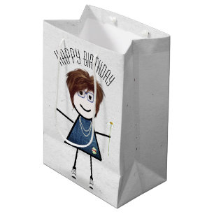 Birthday Stick Girl with Daisy   Medium Gift Bag
