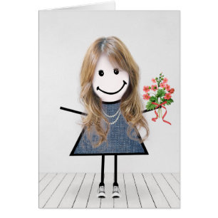Birthday Stick Girl with Flower Bouquet