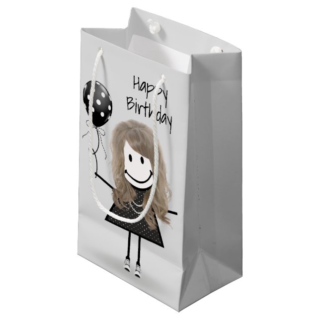 Birthday Stick Girl with Polka Dot Balloon Small Gift Bag (Front Angled)