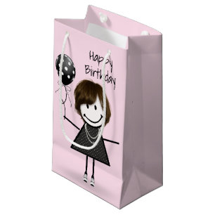 Birthday Stick Girl with Polka Dot Balloon Small Gift Bag