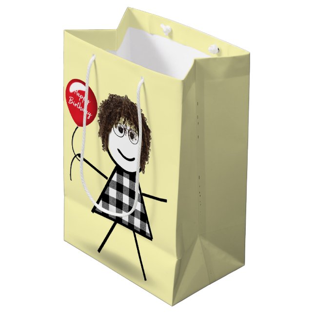 Birthday Stick Girl with Red Balloon  Medium Gift Bag (Front Angled)