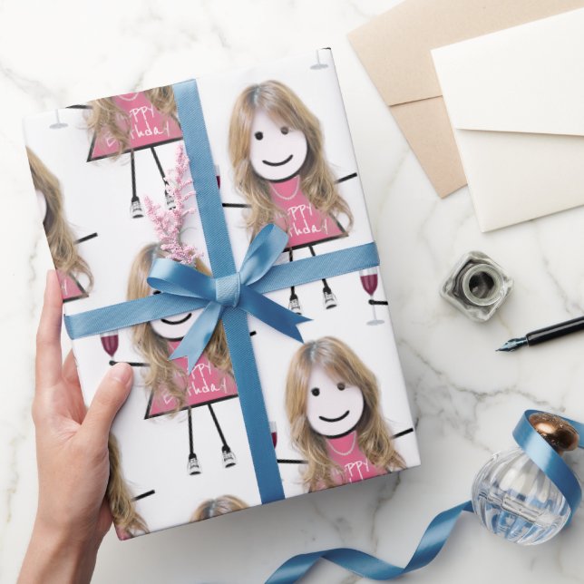 Birthday Stick Girl With Wine Wrapping Paper (Gifting)