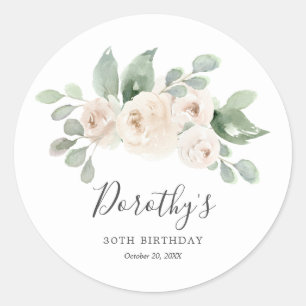 Birthday Sticker Custom 30th White Rose Floral 