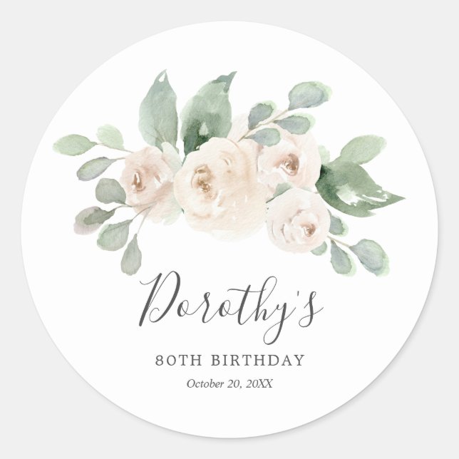 Birthday Sticker Custom 80th White Rose Floral  (Front)