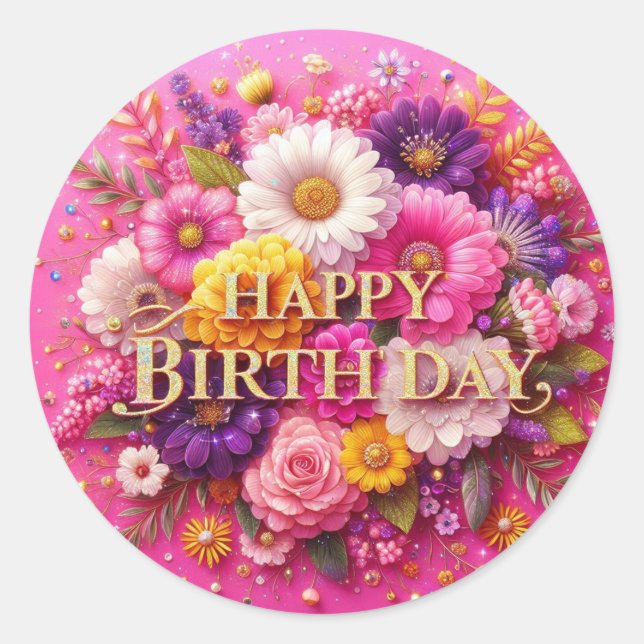 Birthday sticker : Pink Floral Design (Front)