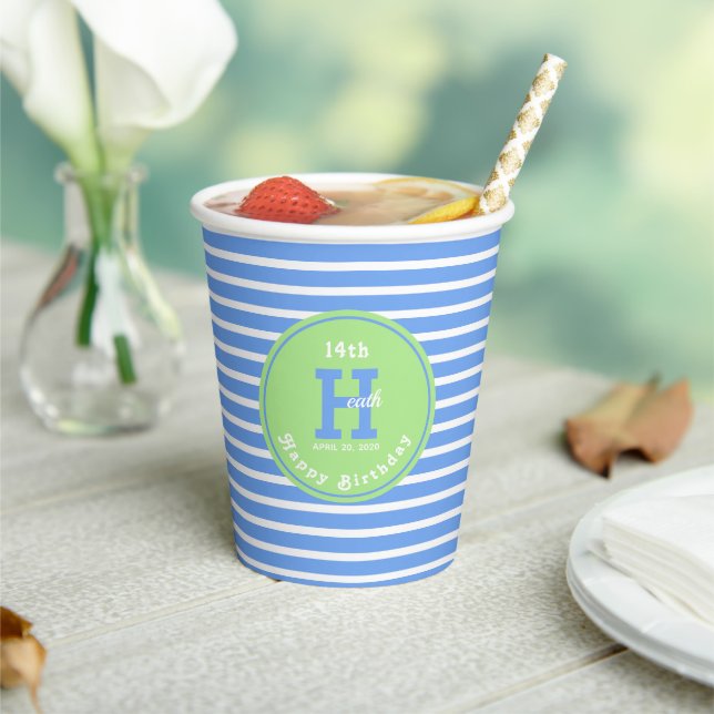 Birthday Stripes Blue⎮White Green Paper Cups (Insitu)