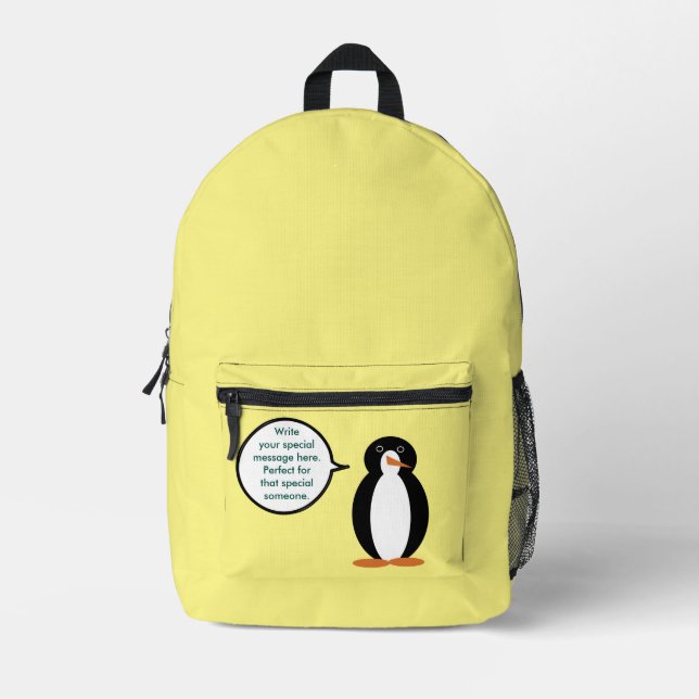 Birthday Suit Talking Ms. Penguin Personalized Printed Backpack (Front)
