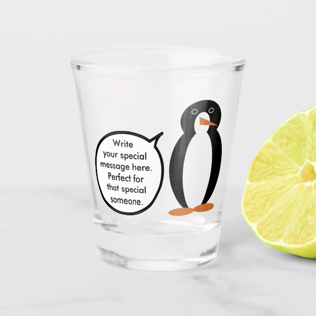 Birthday Suit Talking Ms. Penguin Personalized Shot Glass (Front)