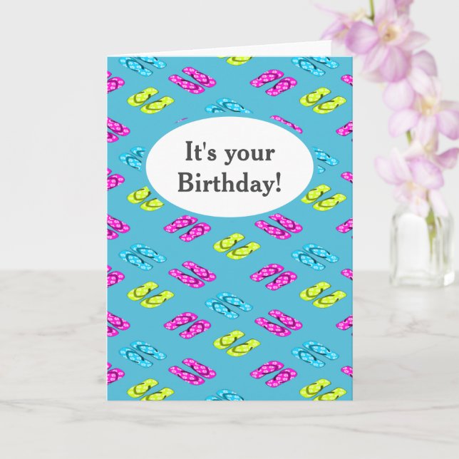 Birthday Summer beach flip flops on blue Card (Orchid)