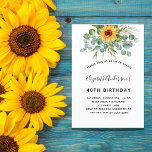 Birthday sunflower eucalyptus greenery invitation<br><div class="desc">For a 40th (or any age) birthday party. A white background decorated with watercolored sunflowers,  eucalyptus greenery.  Personalize and add your name and party details.</div>