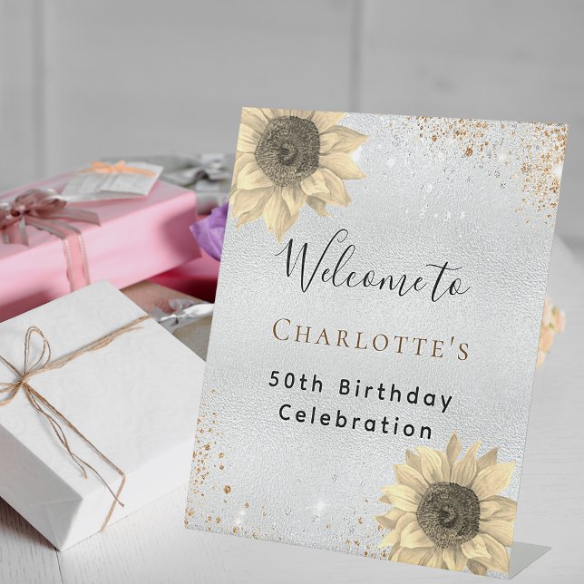 Birthday sunflowers silver gold glitter welcome pedestal sign (Creator Uploaded)