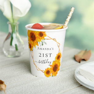 Birthday sunflowers white gold geometric name paper cups